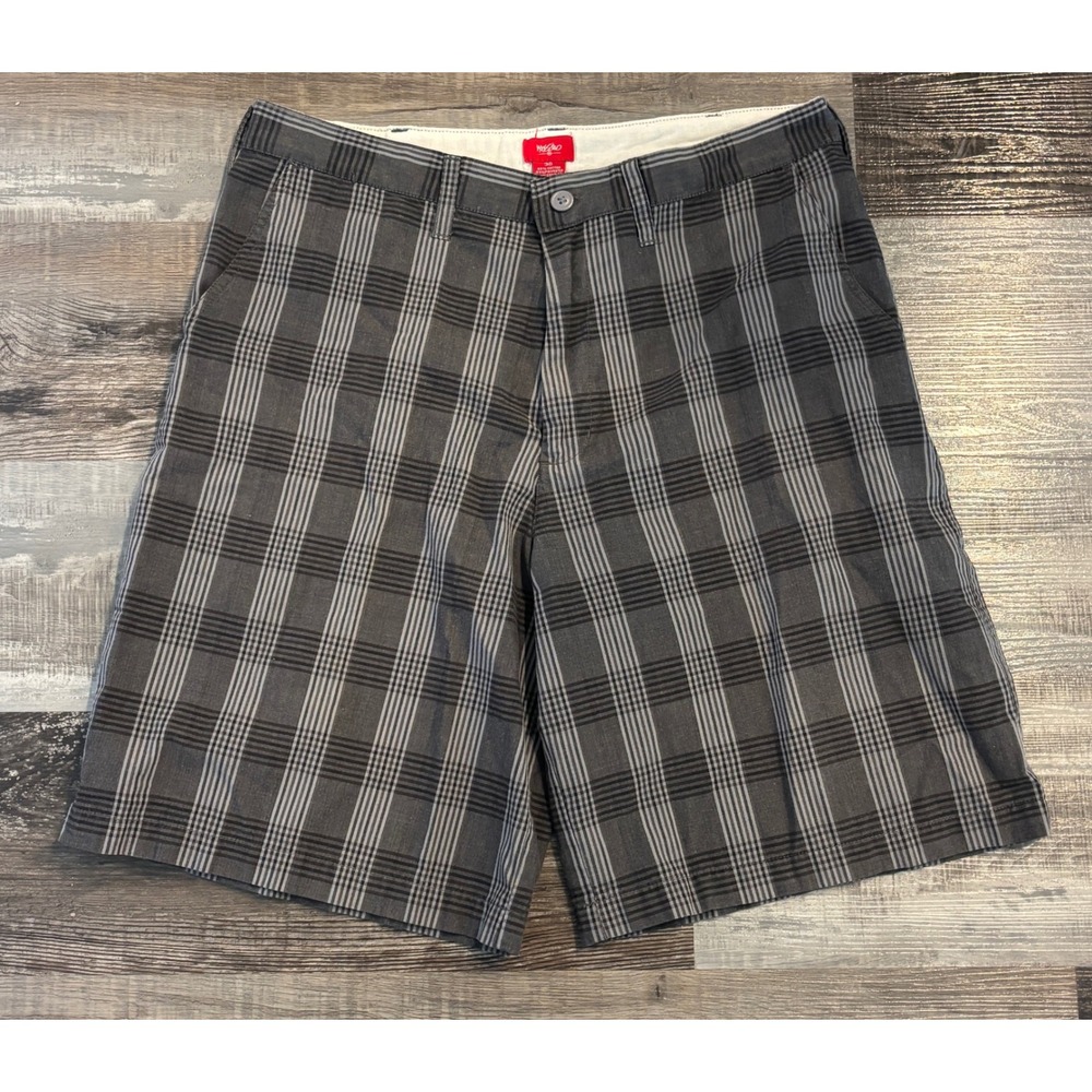 Mossimo Mens Plaid Flat Front Shorts Grey White Cotton Blend Size 36